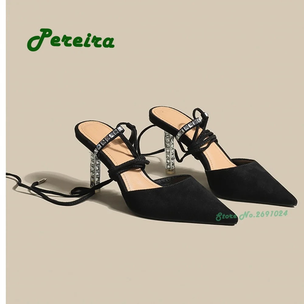 Crystal Lace Up Sandals Pointy Toe Cross Strappy Stiletto Heels Women's Sandals Slingback Black Suede 2023 New Design Elegant