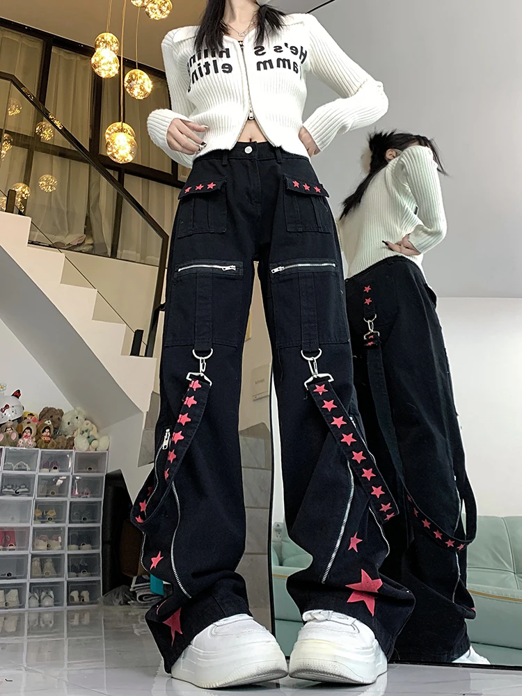 

WCFCX STUDIO Black Women's Jeans High Waist Hip Hop Straight Fashion Pants Streetwear Harajuku Y2K Vintage Wide Leg Denim Trouse