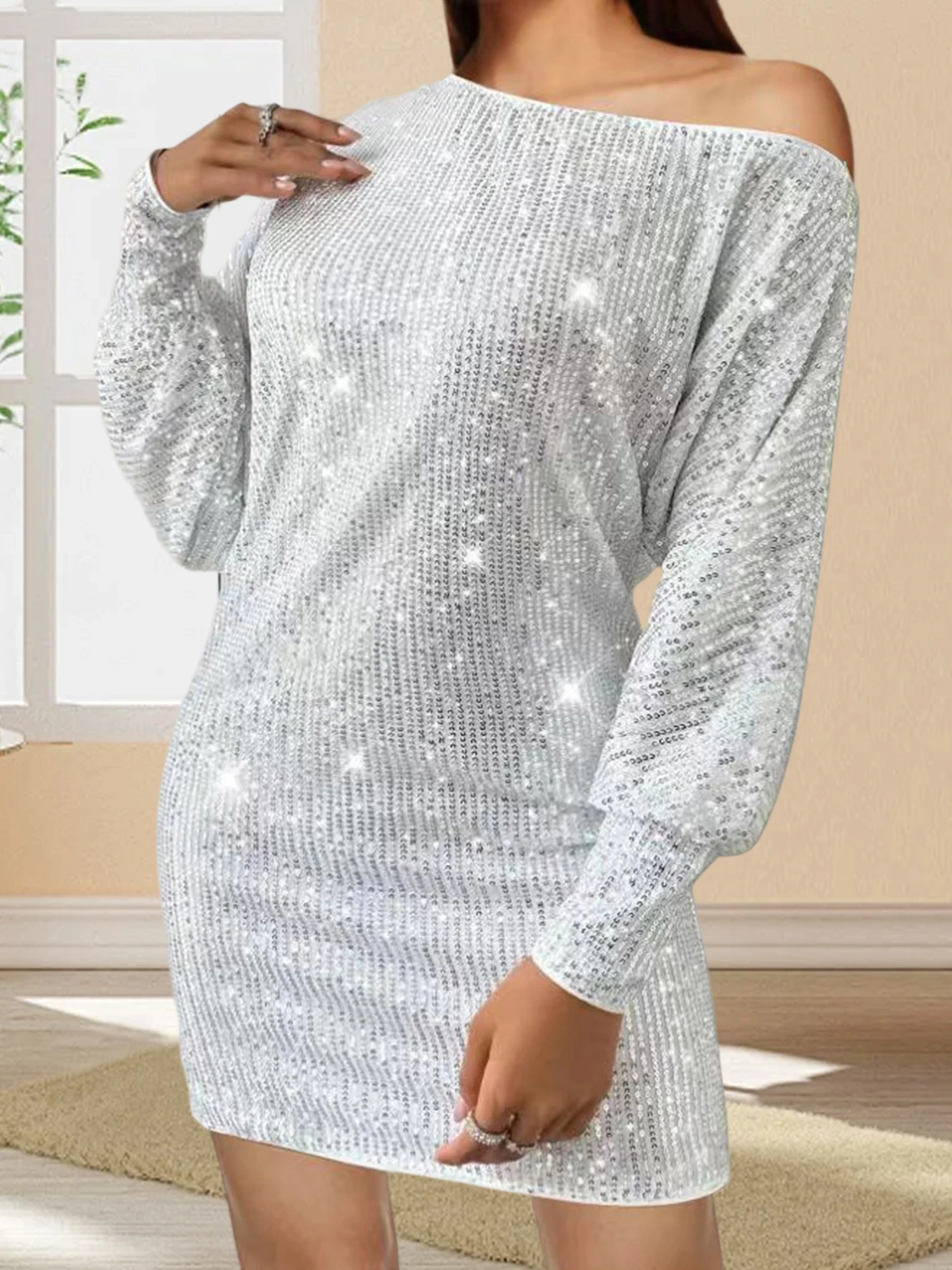 Elegante abito da donna con paillettes con scollo a V, vita increspata e orlo svasato, perfetto per feste serali ed eventi