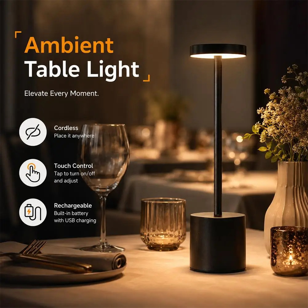 3-Color Touch Control Rechargeable Desk Lamp Cordless LED Table Light for Bedroom Living Room Home Decoration