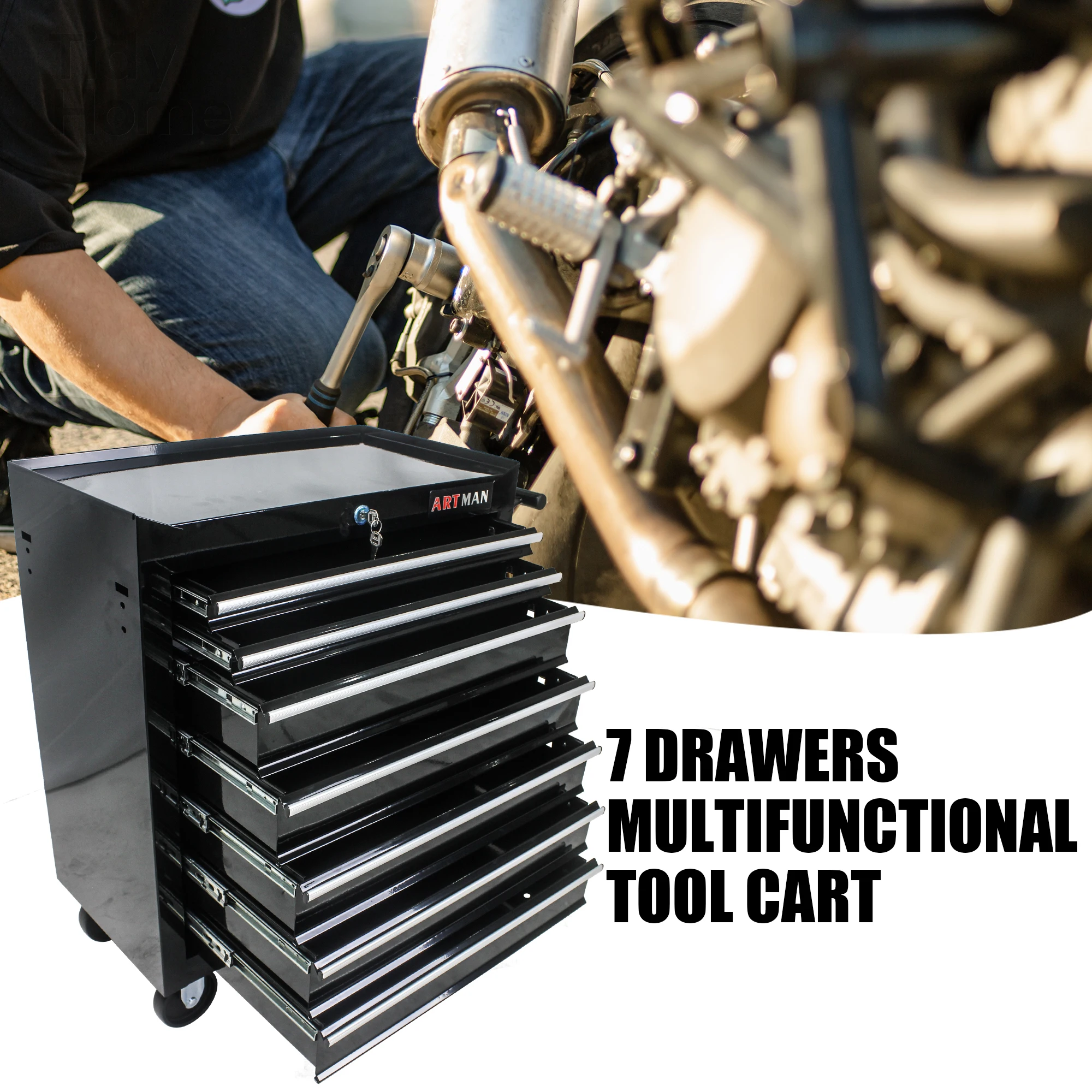 7 DRAWERS MULTIFUNCTIONAL TOOL CART WITH WHEELS-BLACK  toolbox with wheels tool organizer box rolling tool-box garage storage