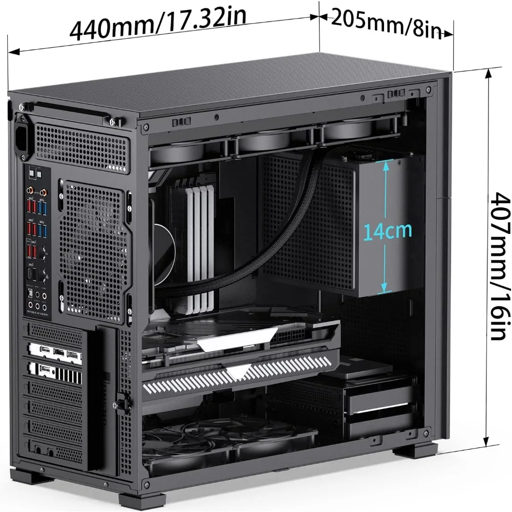 ATX Computer Case with Screen, Support RTX 4090(335-400mm) GPU 360, /280AIO,Power ATX/SFX: 100mm-220mm Multiple Tool-Free Design