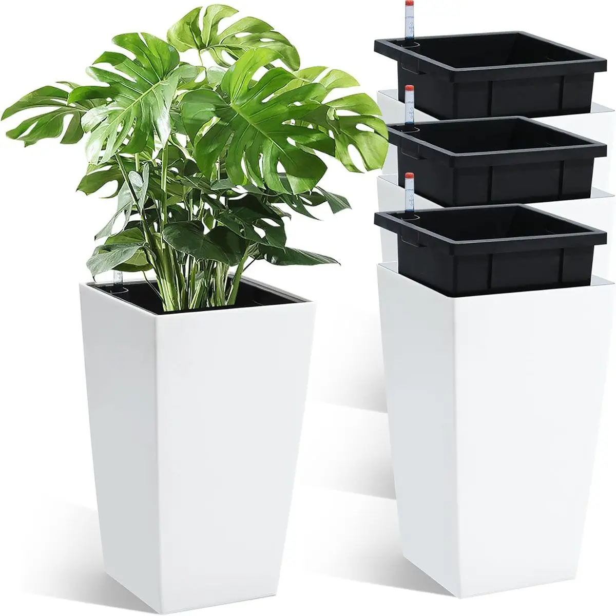 

16" Tall Planters Set of 4 | High Front Porch Planter Pots with Drainage Holes, Water Level Monitor, Inner Bucket, Geometric Classic Style, Self-Watering, Suitable for Indoor and Outdoor Use gardening gift home decor