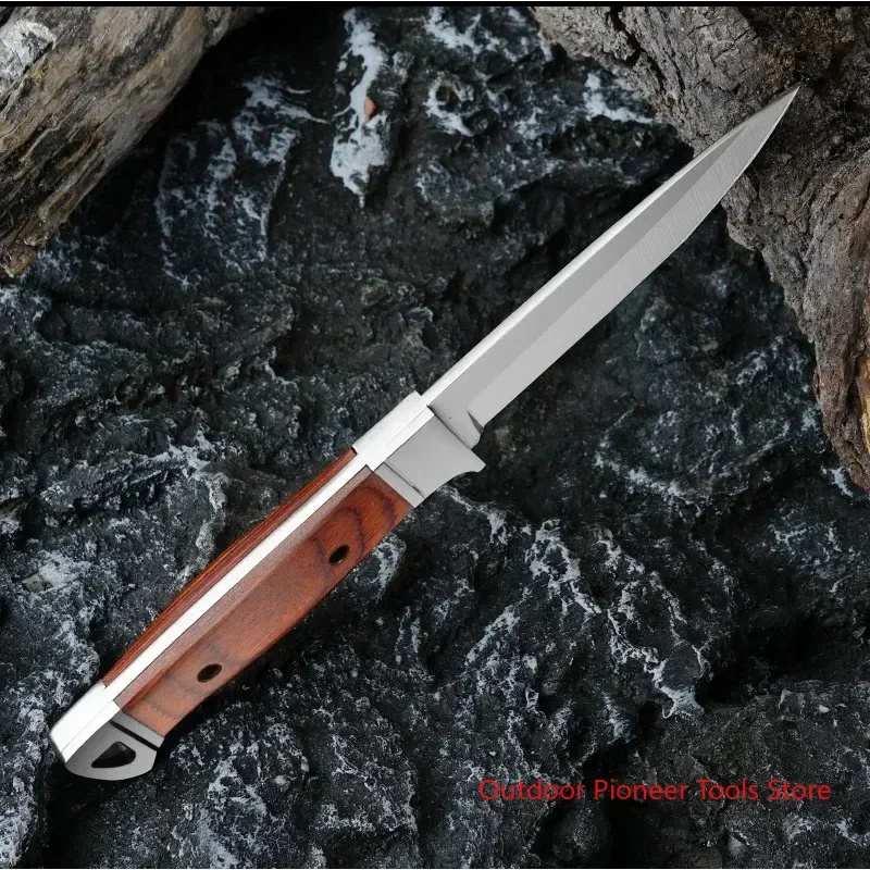 New outdoor red mahogany handle pocket knife, high hardness 5CR13 steel straight knife, camping and hunting self-defense knife