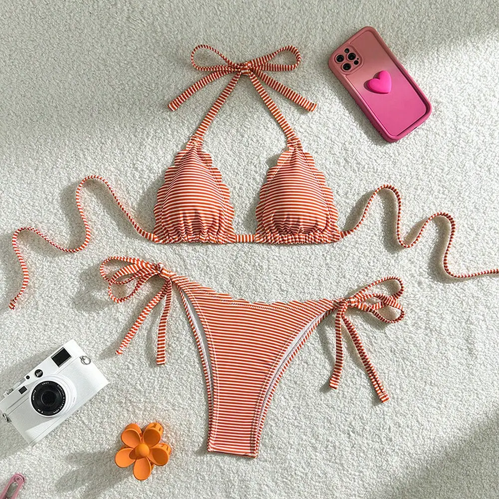 Blue Striped Print Swimwear Triangle Micro Bikini Set Mini Thong Sexy Swimsuit Women Halter String Bathing Suit Bikinis De Mujer