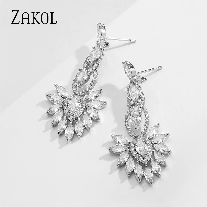 ZAKOL Luxury Clear Crystal Teardrop Bridal Long Drop Dangle Earrings for Women Wedding Party Jewelry FSEP5120