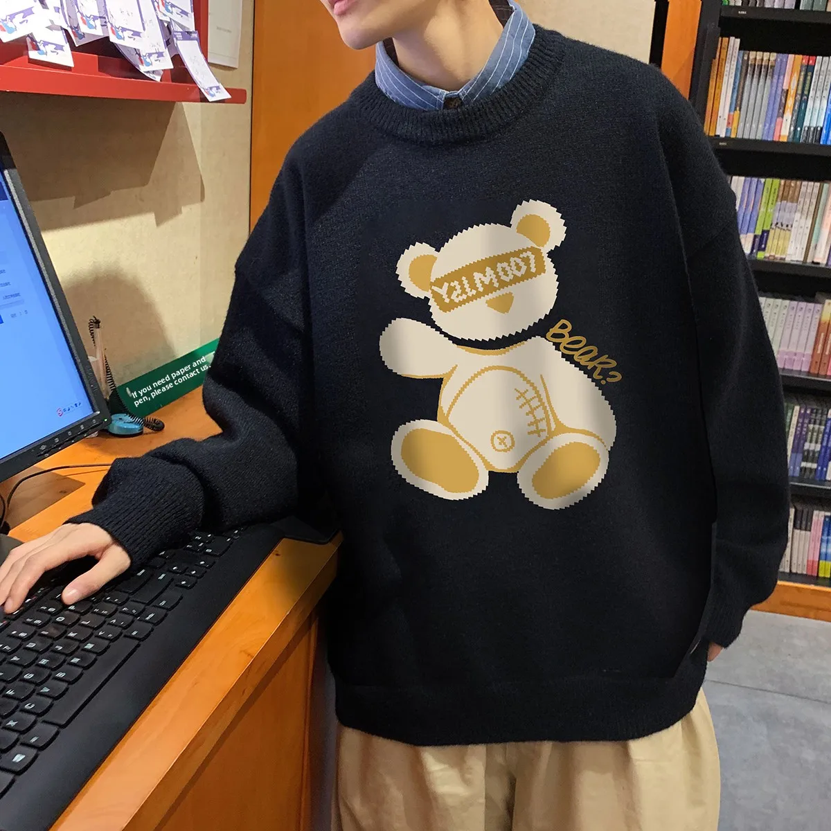 

Мужской вязаный свитер Bla Bear: утепленный, с круглым вырезом, свободного кроя, повседневный, с длинным рукавом, из смесового полиэстера