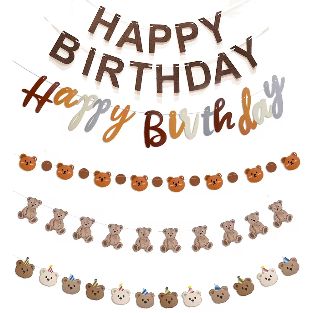 Bear Happy Birthday Banner Cute Bear Paper Birthday Bunting Banner Hanging Garland for Kids Baby shower 1st First Birthday Decor