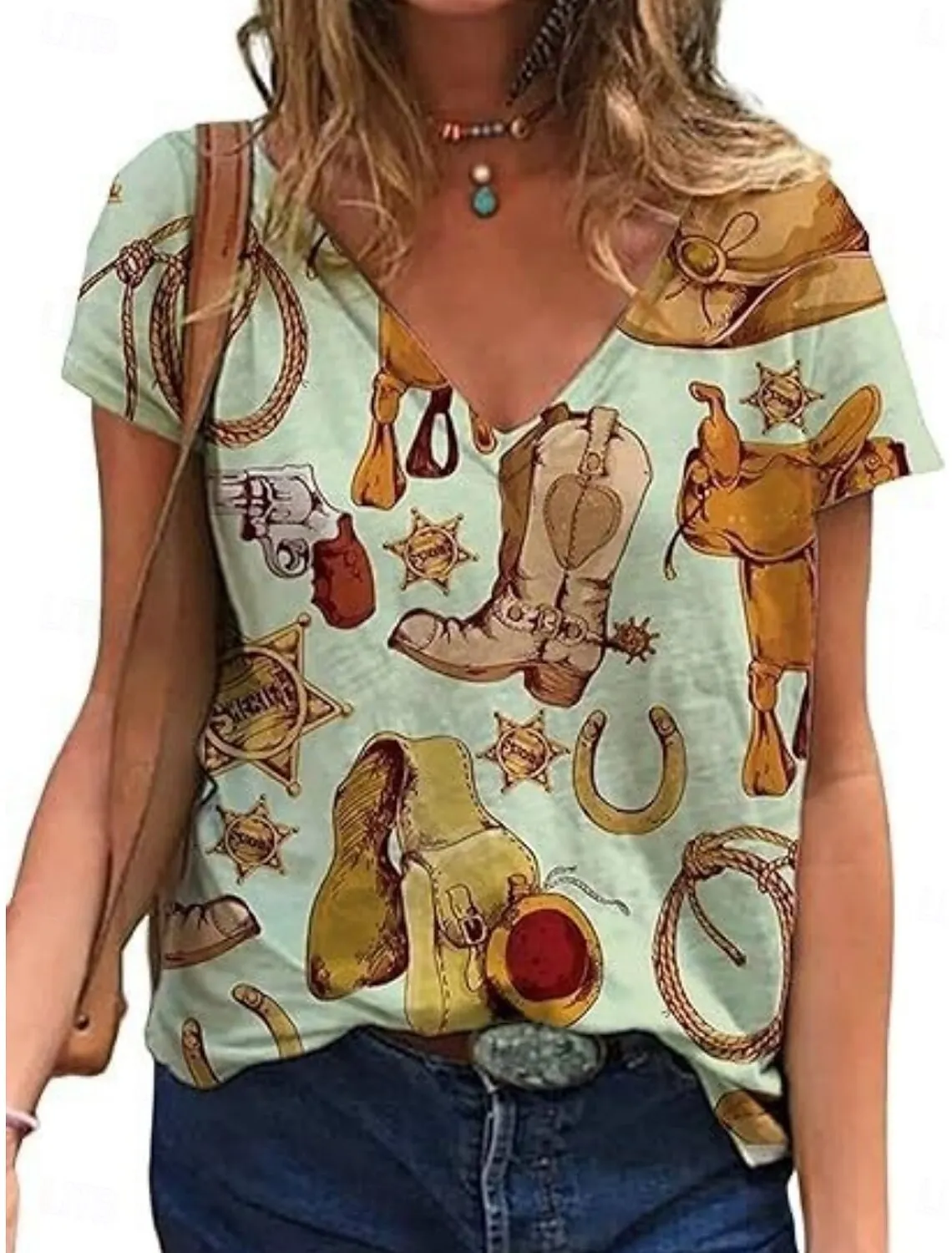 

Женская футболка, блузка с графическим принтом в богемном стиле, винтажные топы в стиле вестерн с короткими рукавами и v-образным вырезом, обычные топы, повседневный принт, абрикос, лето-весна