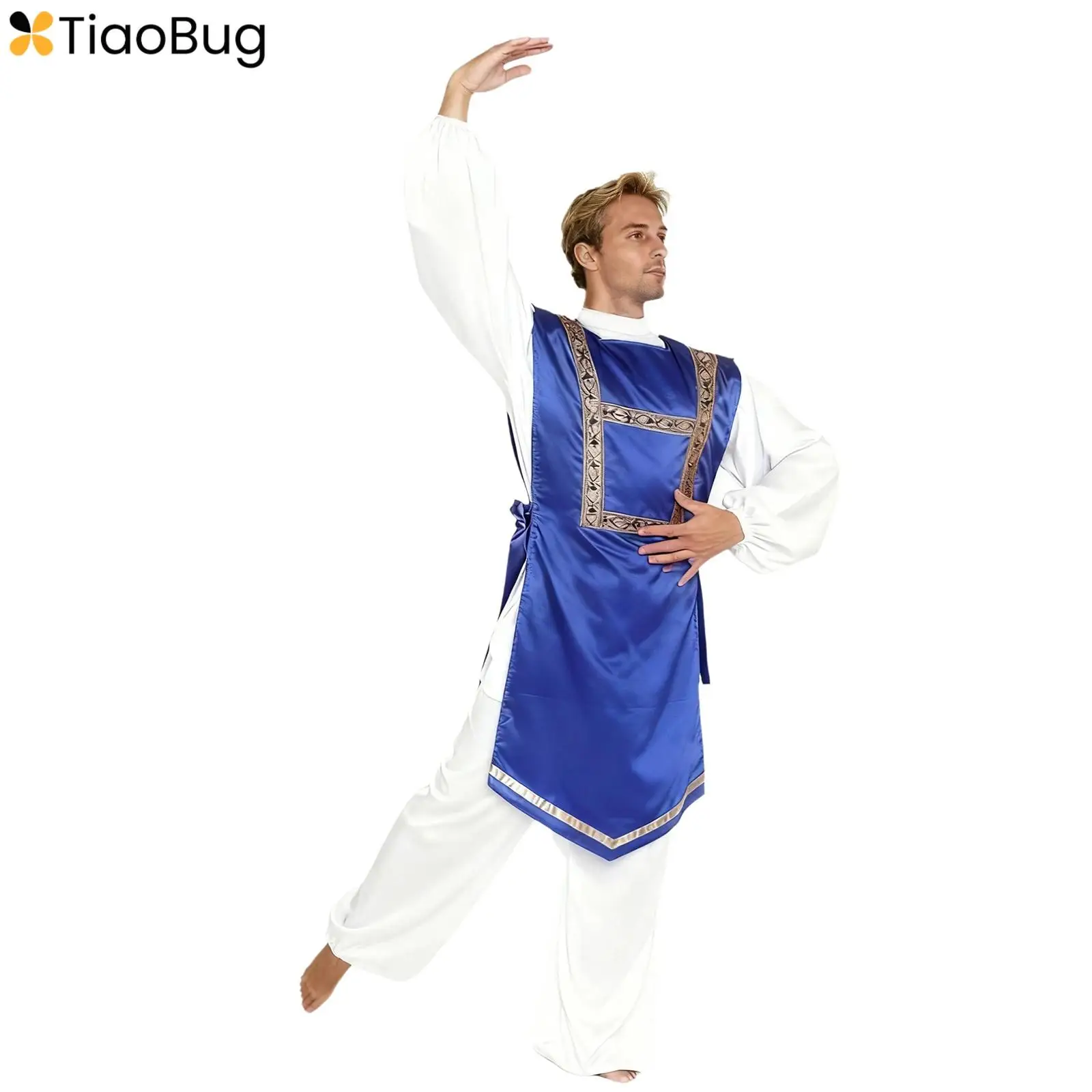 Men's Liturgical Praise Worship Dance Tunic Tops Chic Trim Side Lace-up Satiny Vest Tank Top Pullover Robe for Lyrical Dance