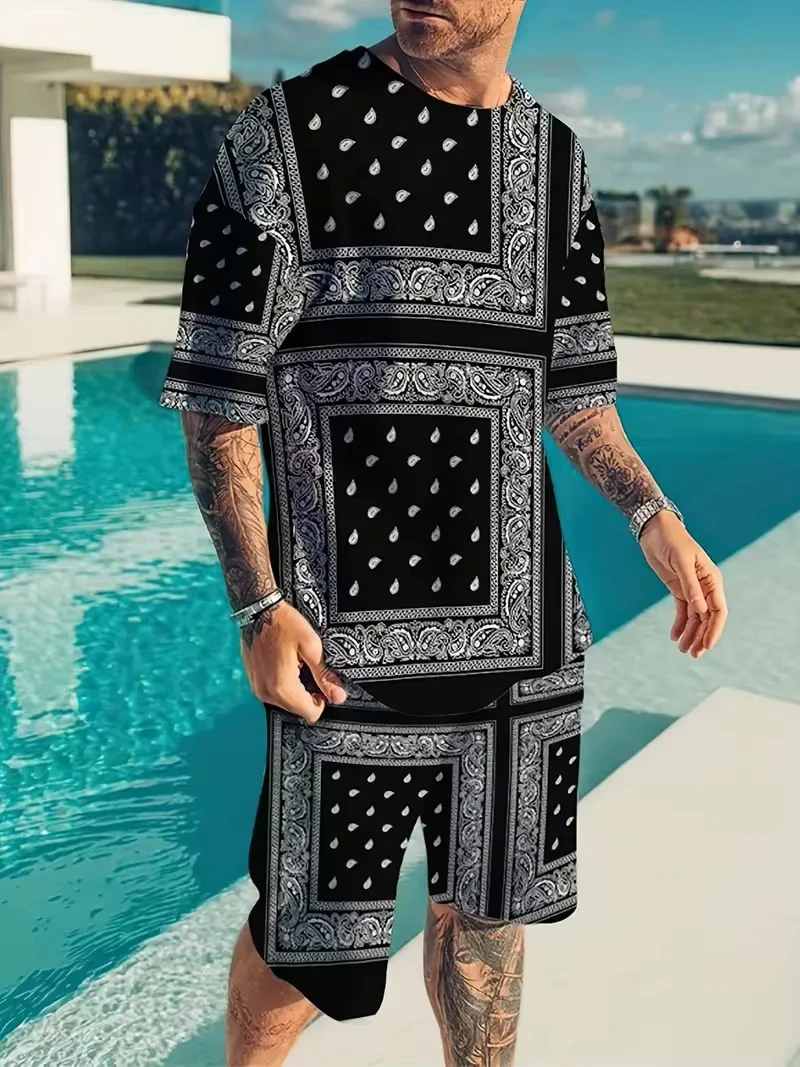 

3D Bandana Printed T Shirt+Shorts 2PCS Outfits Summer Street Men's Casual Sport Suit Fashion Oversized Short Sleeve T-shirt Sets
