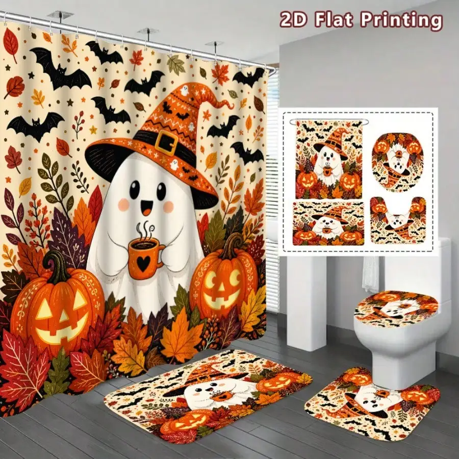 4Pcs Halloween Bathroom Shower Curtain Set, Cartoon Ghost Pumpkin Maple Leaves Bats Print, Fall Season Bath Mat Toilet Cover Rug