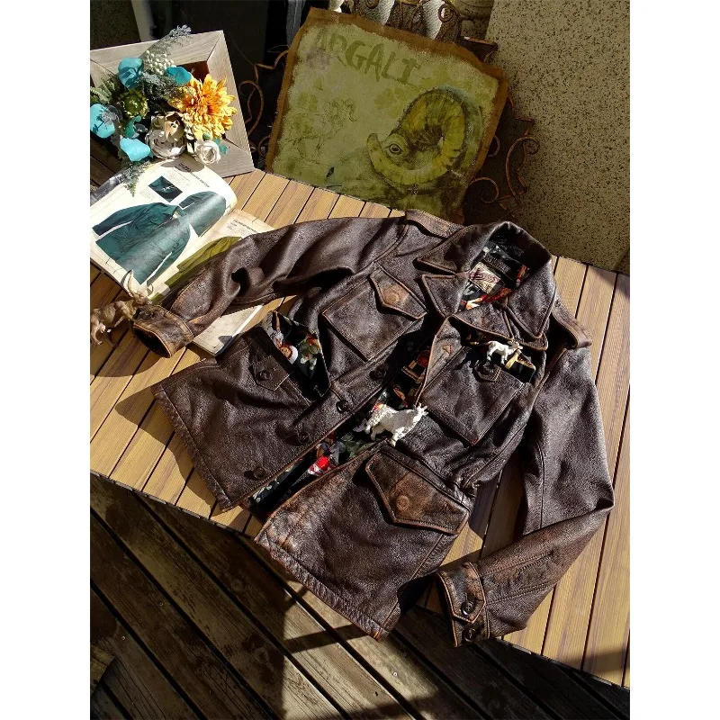 Men American Retro Tea Core Cowhide Stone Abrasion Washed Distressed Mid Length Trench Genuine Leather Motorcycle Biker Jacket