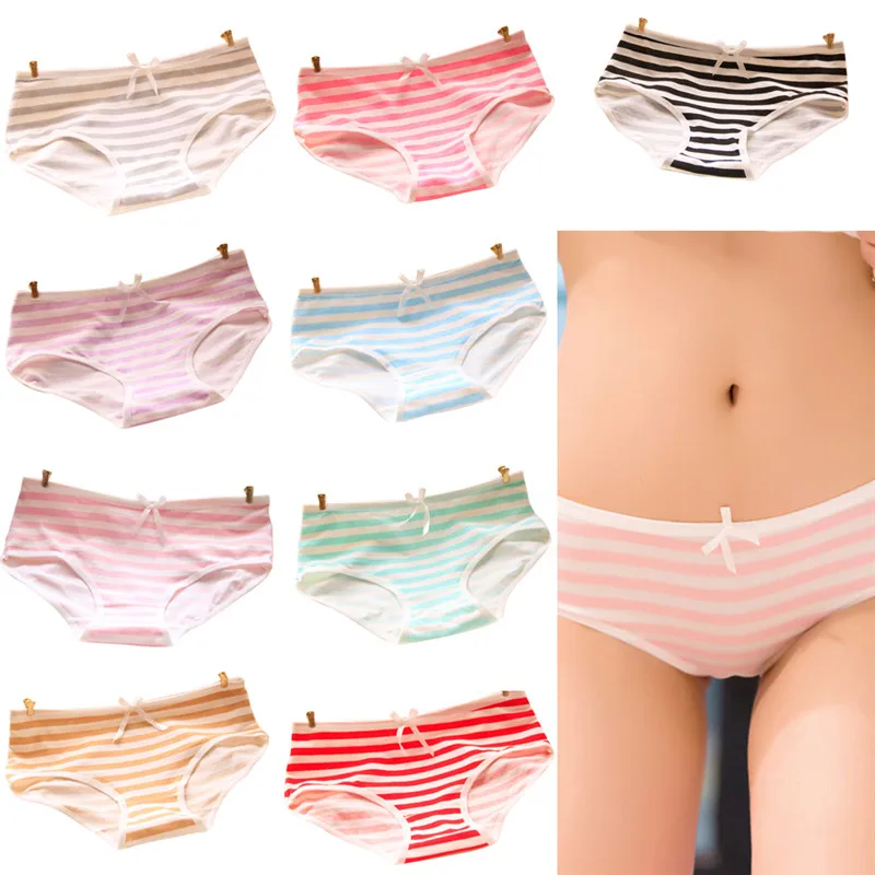 Ropa interior Sexy encantadora para mujer, bragas de algodón a rayas, Tanga con lazo, bragas de alta calidad