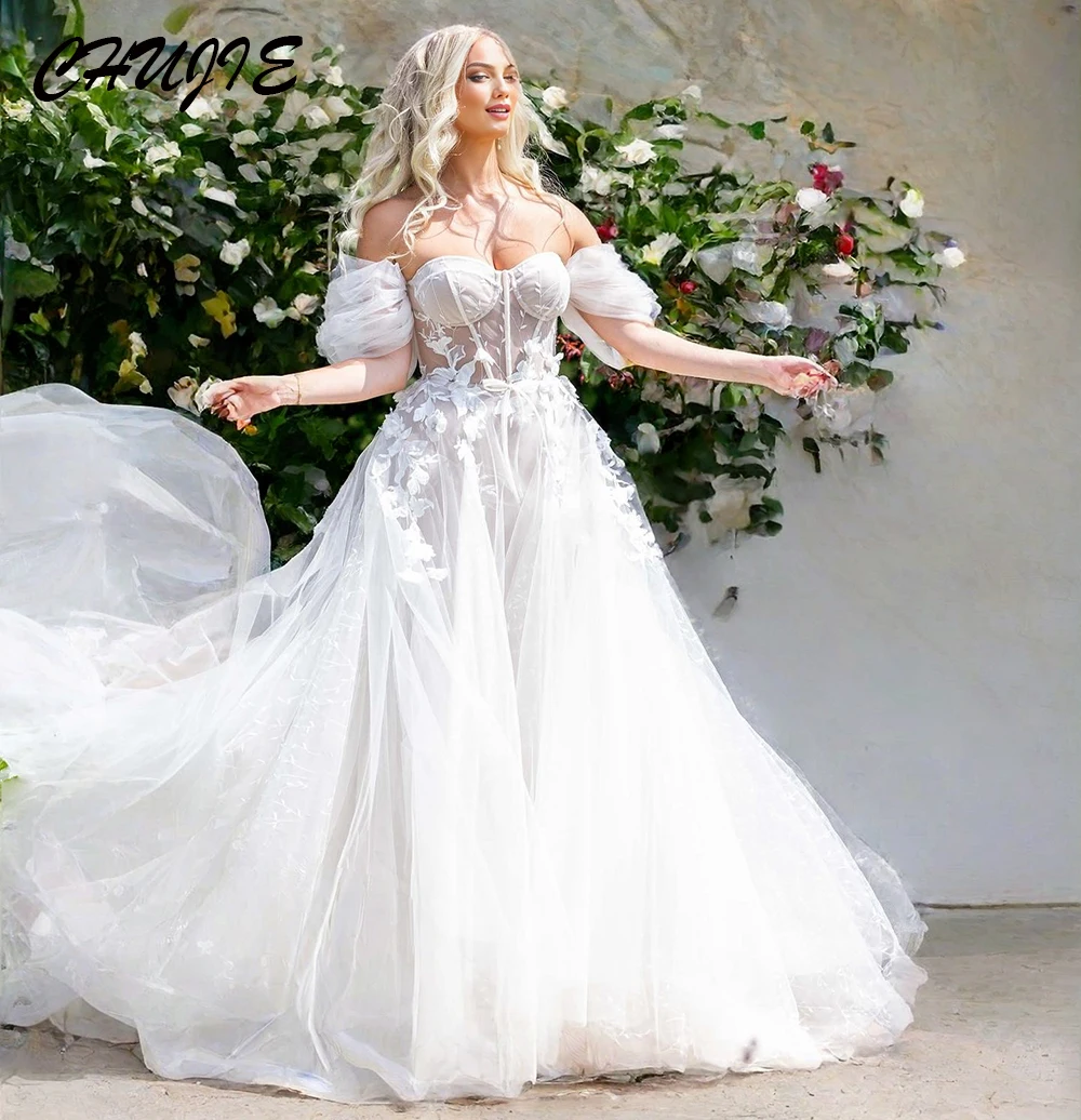 

White Off The Shoulder Sweetheart Lace Wedding Dresses A Line Pleat With Train Bridal Gowns Custom Свадебное платье فستان الزفاف