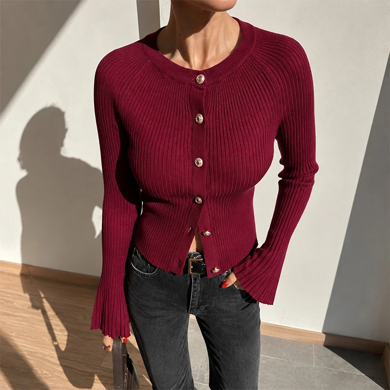 Autumn Knit Cardigan Fashion Ribbed Single Breasted Solid Long Sleeve Knitted Top Casual Basic Office Lady Women Basic Sweater