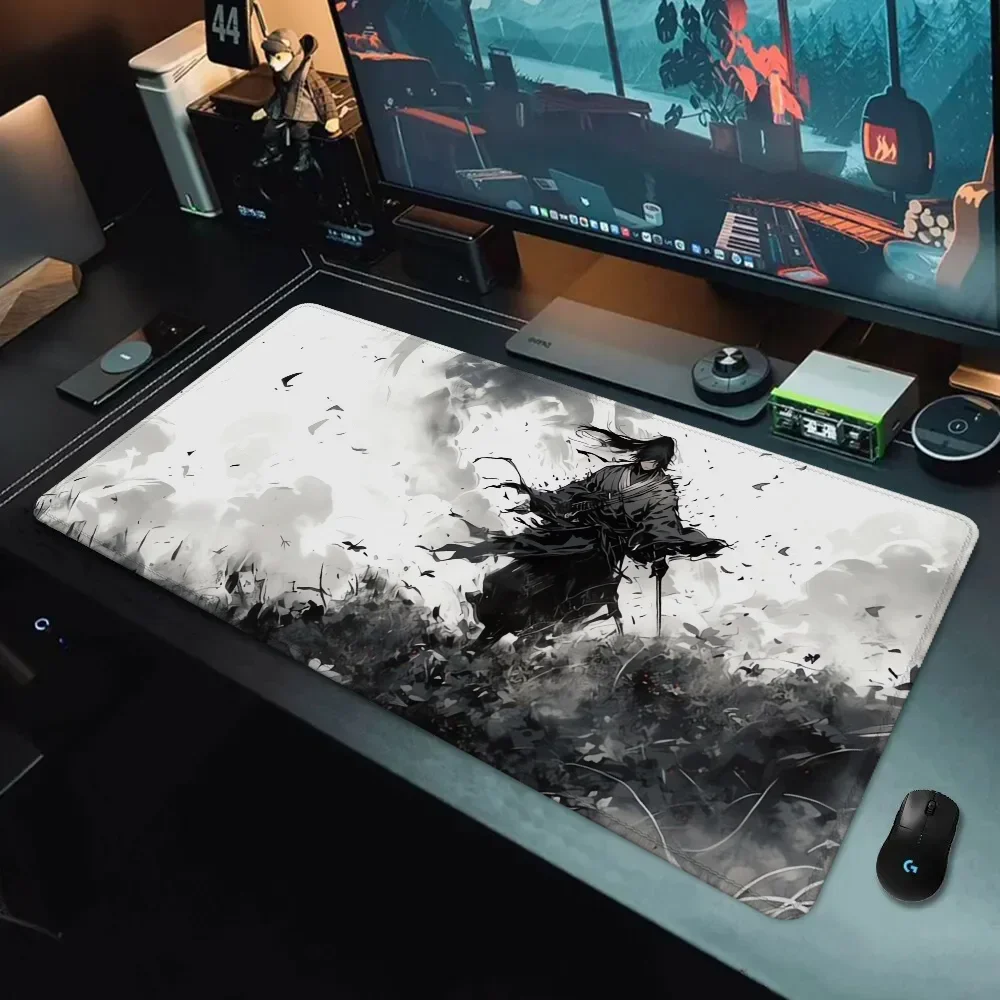 Japanese Samurai Mouse Pad Large Computer Desk Gaming PC Setup with Keyboard Mat Animation Gamer Natural Rubber Base 400x900mm