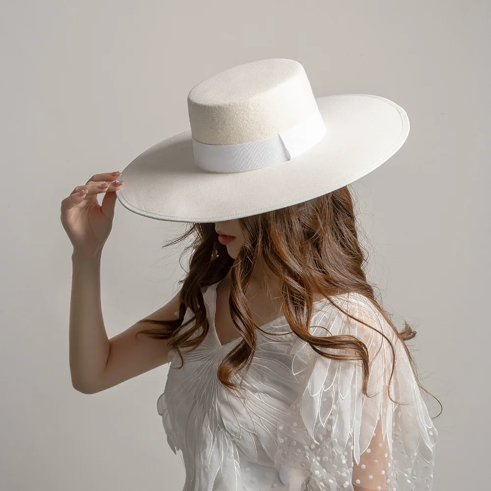 Autumn Winter Fashion Elegant Retro Ribbon Trim Wide Brim Woolen Flat Top Hat Concave Shape Warm Felt Hat