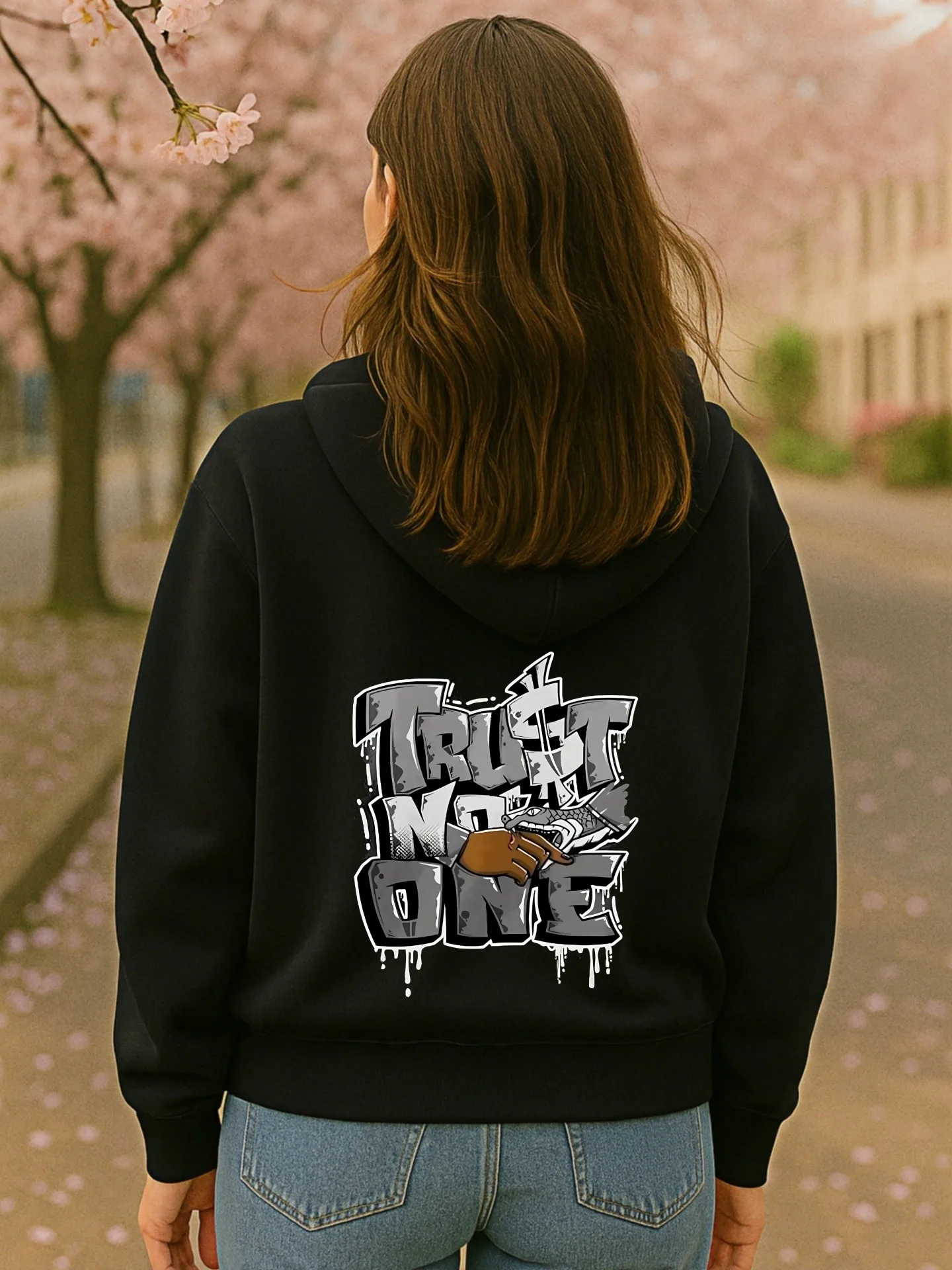 هوديي جرافيك للنساء، Trust No One مطبوع عليه حروف، تصميم جمالي لملابس الشارع، مزيج من القطن، ملابس يومية غير رسمية، للمراهقين