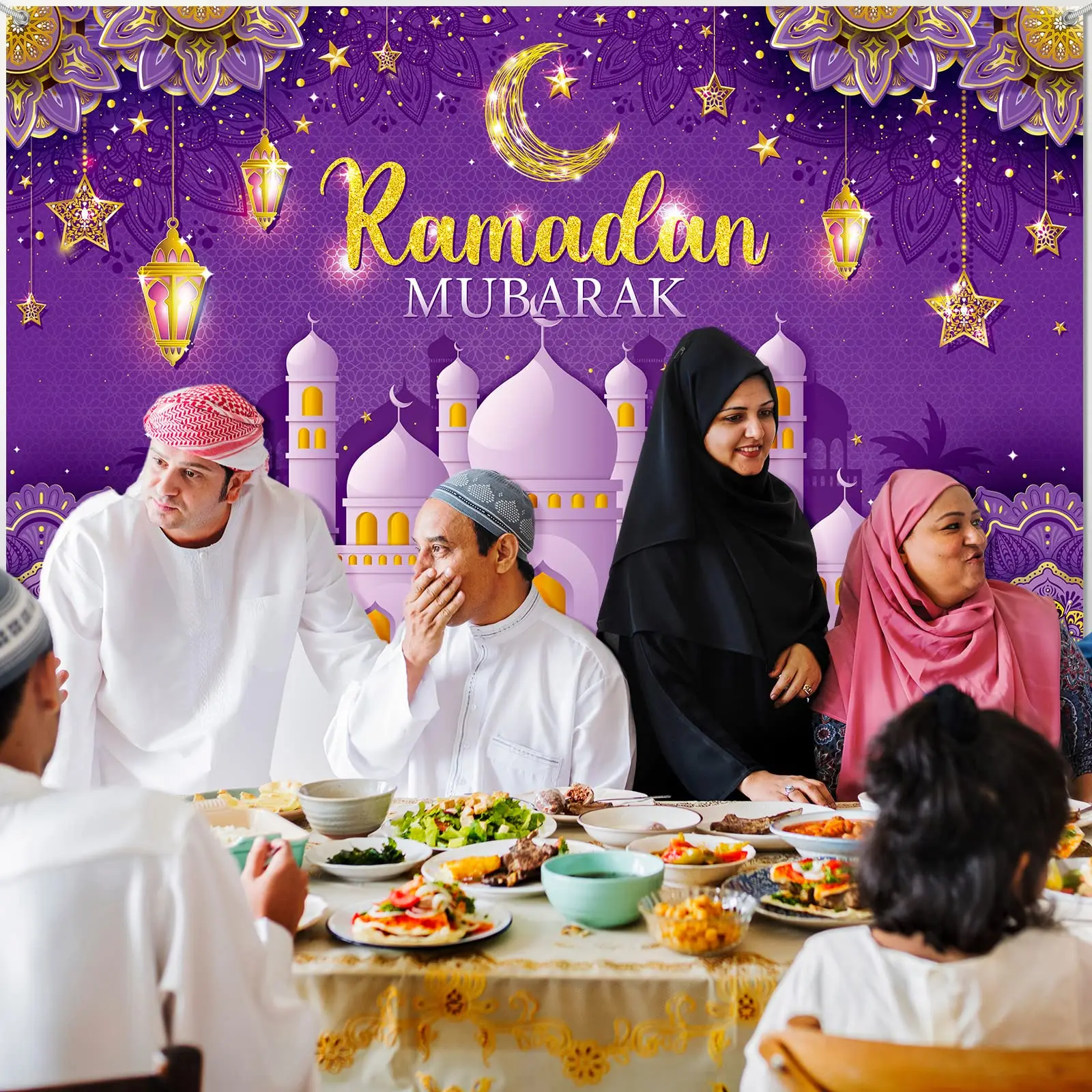 Eid Mubarak Photography Backdrop Muslim Ramadan Kareem Lantern Moon Palace Family Party Photocall Background Banner Poster Props