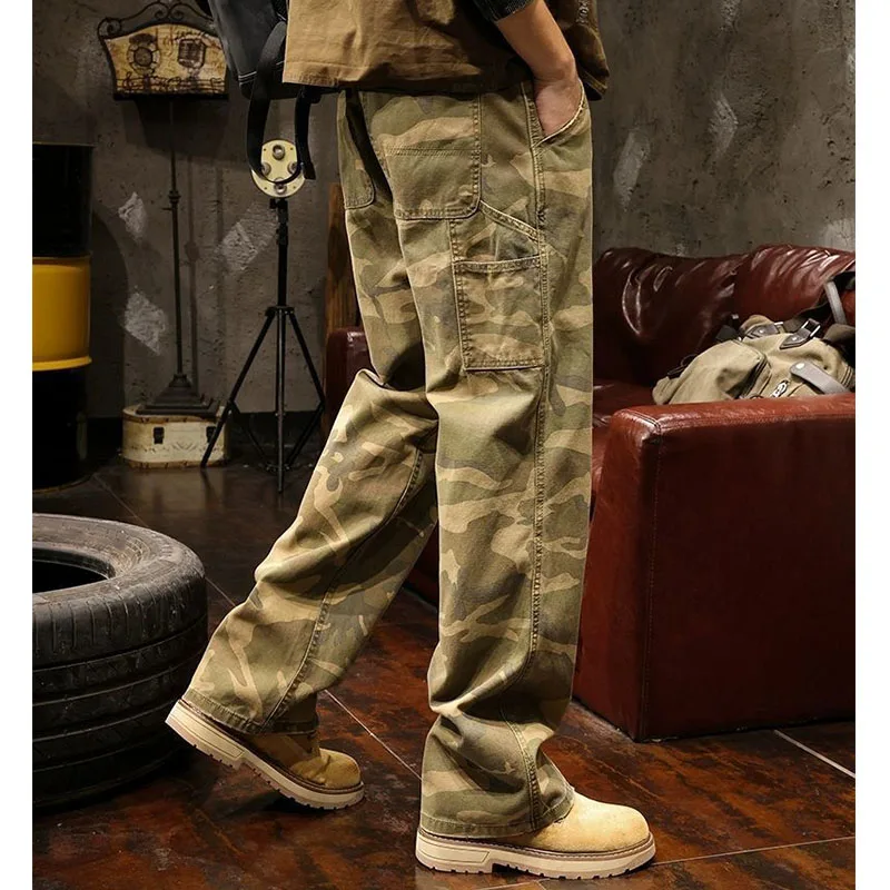 Camouflage Safari Stil Jeans Männer Herbst Chic High Street Lose Gerade Hosen Breites Bein Casual Harajuku Taschen Gemalt Hosen