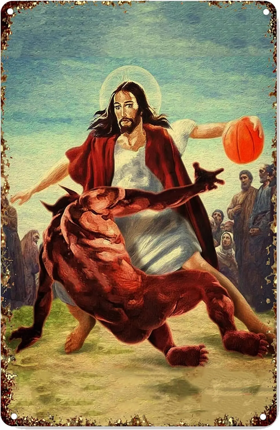 Vintage Metal Tin Signs- Jesus vs Satan in Basketball Poster Funny Decor Plaque for Home Bar Pub Club Wall