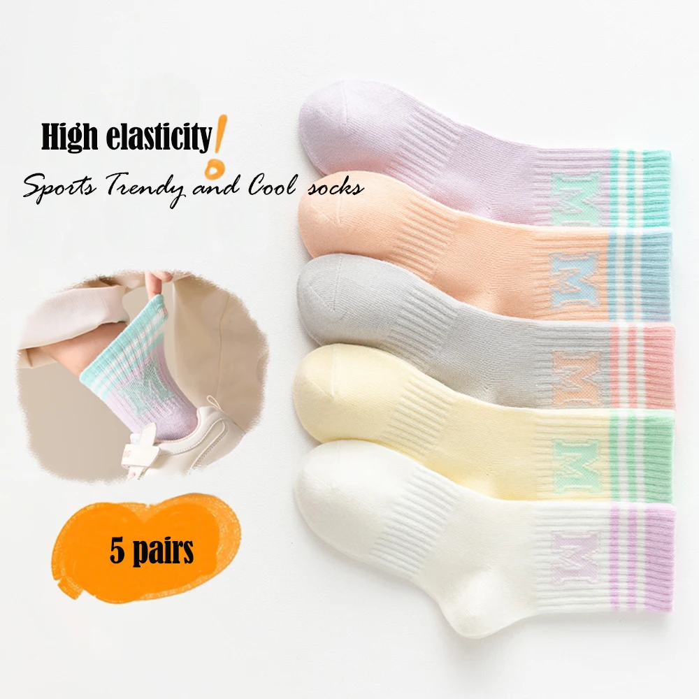 Random3/5 pairs 1-14Years Colorful Colors Mid-tube Socks Cartoon Letters Moisture Absorption And Breathability Sports Socks