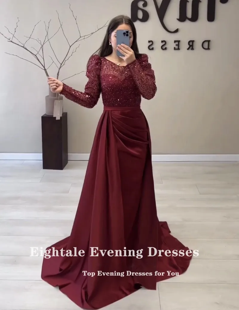 Eightale Luxe Avondjurken Met Afneembare Rok Bordeauxrode Lange Mouwen Satijnen Zeemeermin Feest Prom Gown Vestidos De Noche