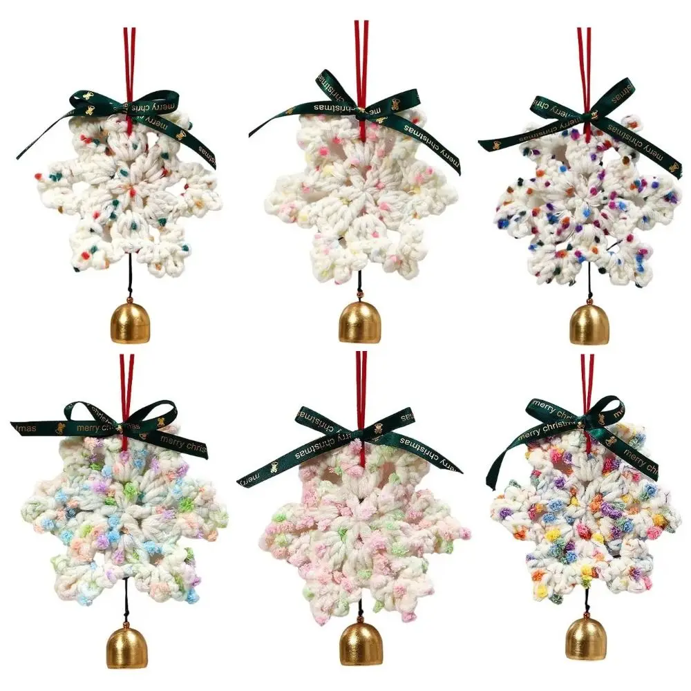 

Hand-knitted Christmas Bell Pendant Creative 16cm Crochet Snowflake Pendant with Hanging Rope Ribbon Bow
