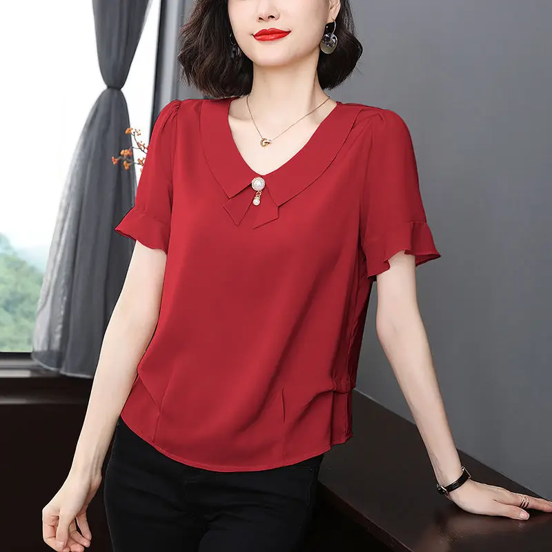 Summer Loose Casual Ruffles Chiffon Blouse Women Short Sleeve Elegant Fashion Solid Collar Top Female Oversized All-match Shirt