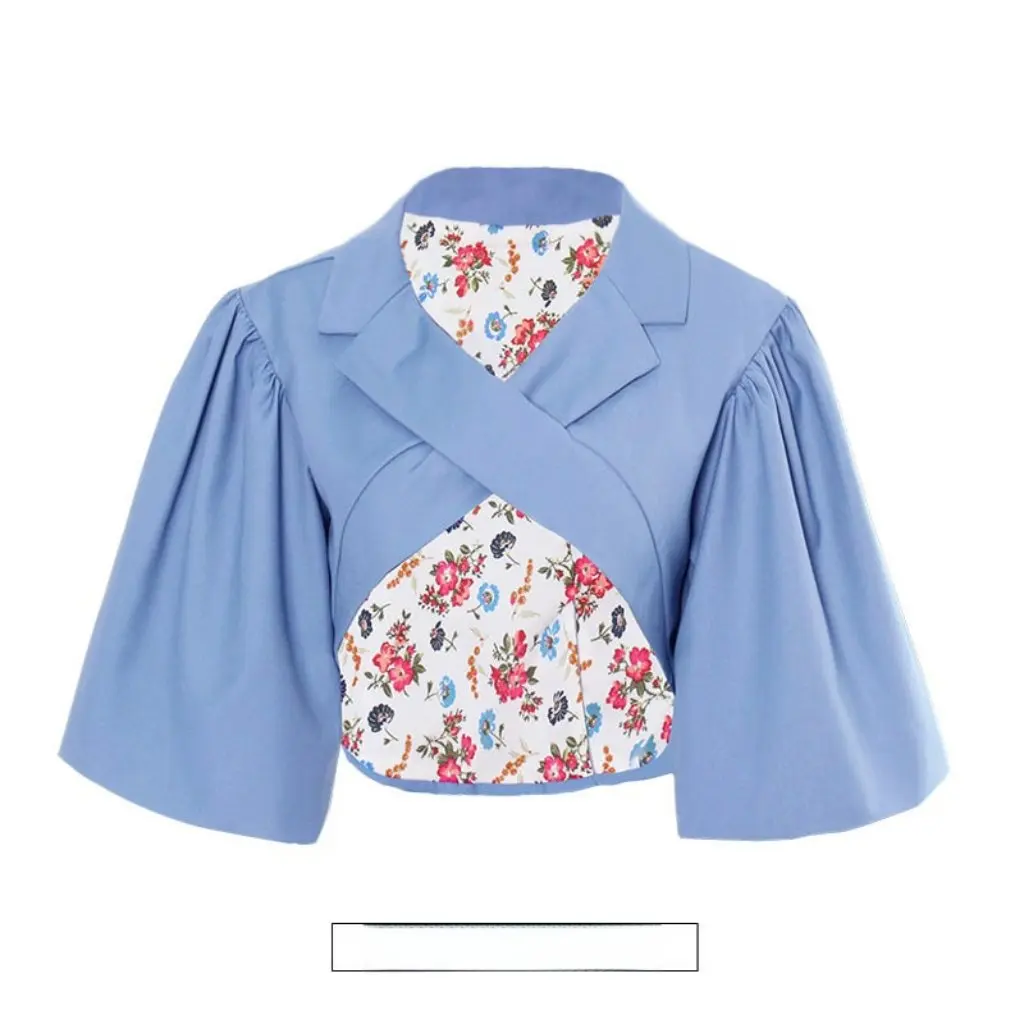 

Autumn New Fashion Patchwork Puff Sleeve Blazer Women's Versatile Two-Way Jacket Floral Cross-Over Design Style