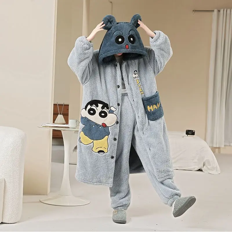 

Anime Crayon Shin-Chan Pajamas Set Hooded Plush Robe Long Pants Warm Flannel Home Loungewear Soft Sleepwear for Teen Boy Cartoon