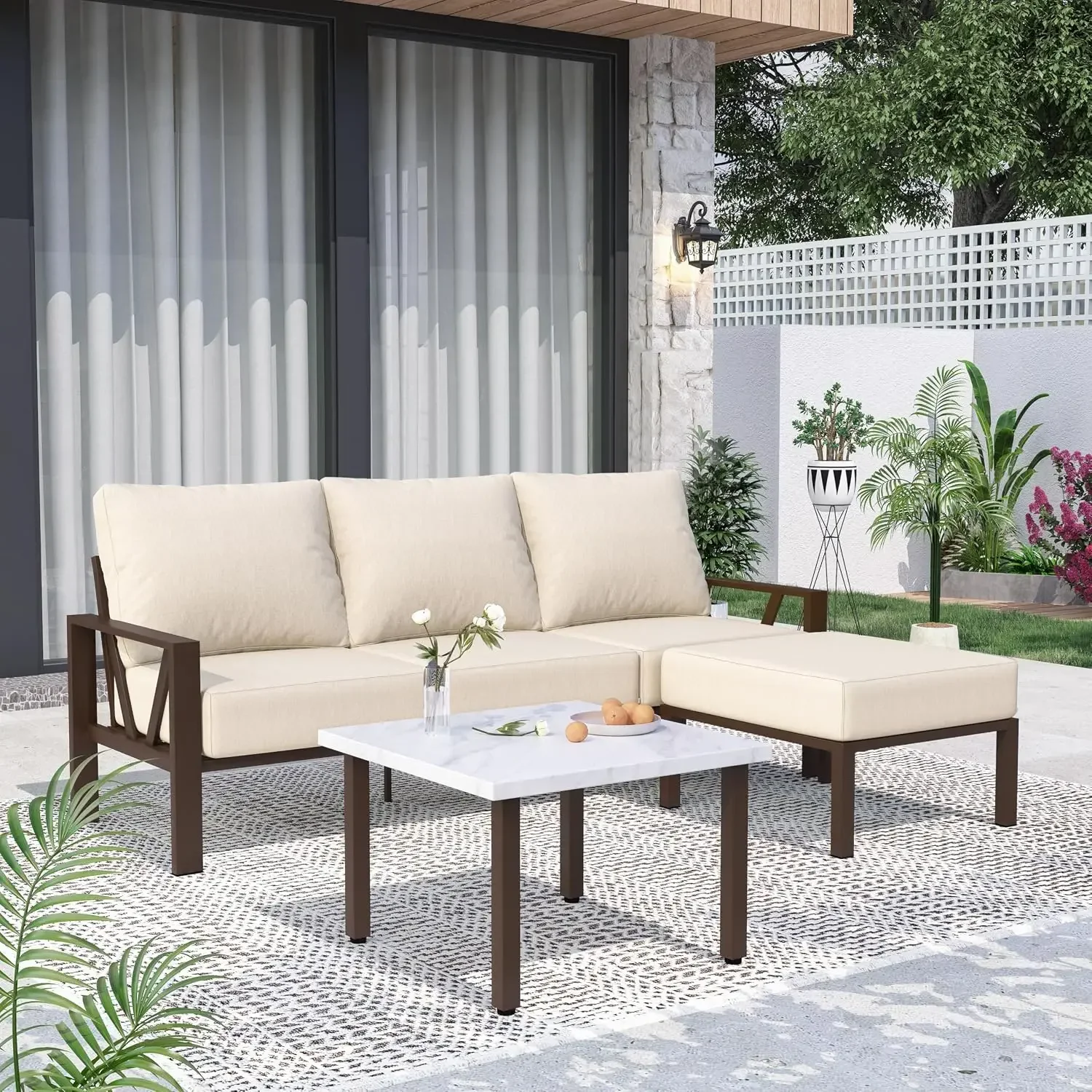 Outdoor Sectional Couch with Ottoman and 6 Inch Cushions,Beige | 350lbs, Water Resistant,Removable Covers, Couch Extension Set,