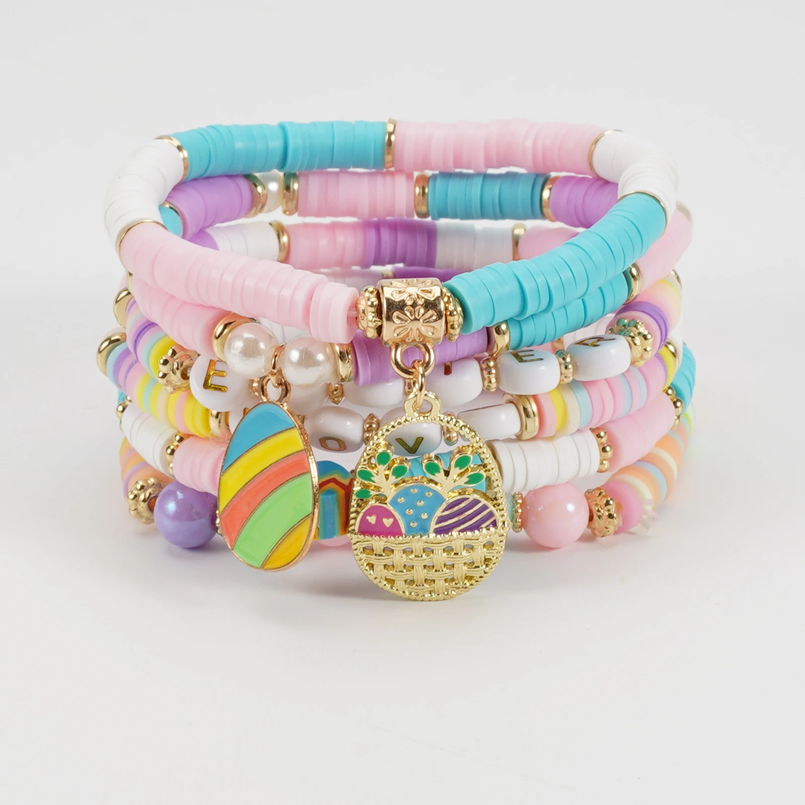 Easter Heishi Surfer Bracelets Set Easter Eggs Bunny Colorful Stackable Clay Beaded Stretch Bracelets