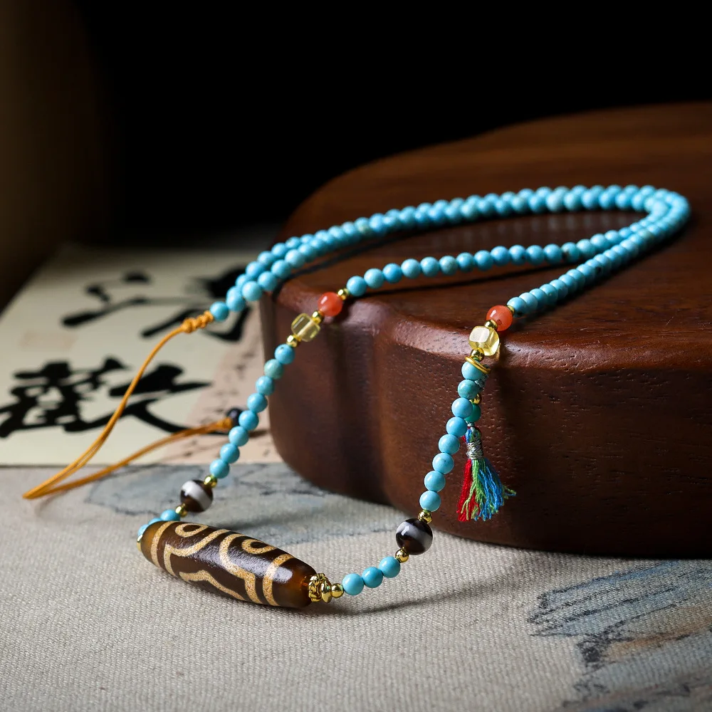 

Hand-Woven Magnesite Turquoise with Three-Eyed Dzi Bead Manju Sweater Chain New Chinese Necklace jewelry pendants