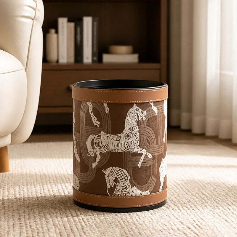 Large Capacity Waste Bins Luxury Horse-patterned Leather Waste Bins Modern Simplicity Household Cleaning Tools Accessories