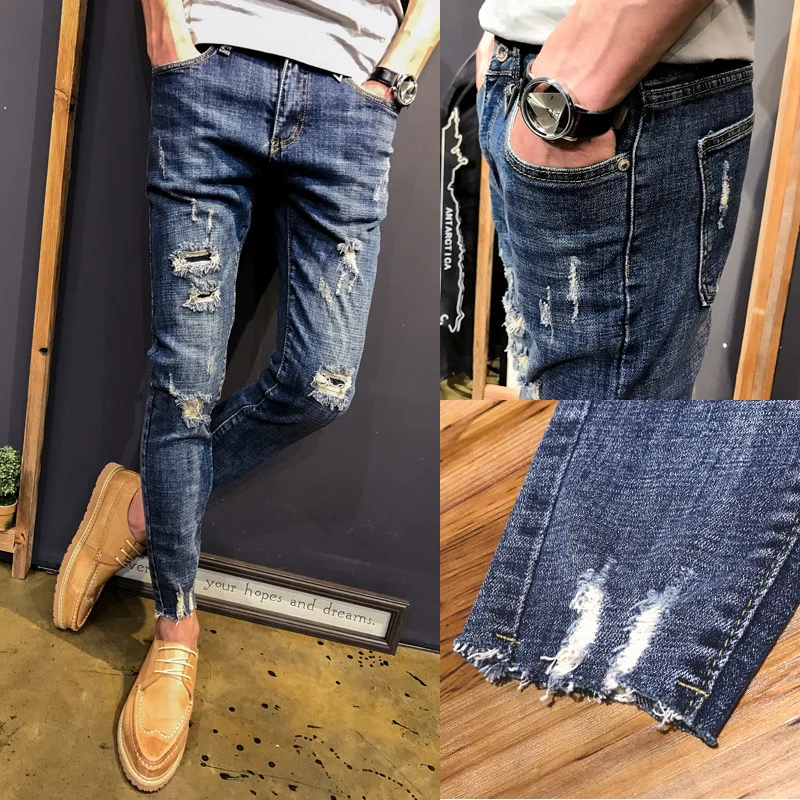 

Denim 2022 Korean Style Fashion Streetwear Pants Skinny Jeans Men Ripped Stretch Slim Blue Daily Jeans for Men