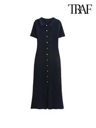 TRAF-Women's Knit Midi Dress with Buttons, Lapel Collar, Short Sleeve, Female Dresses, Fashion