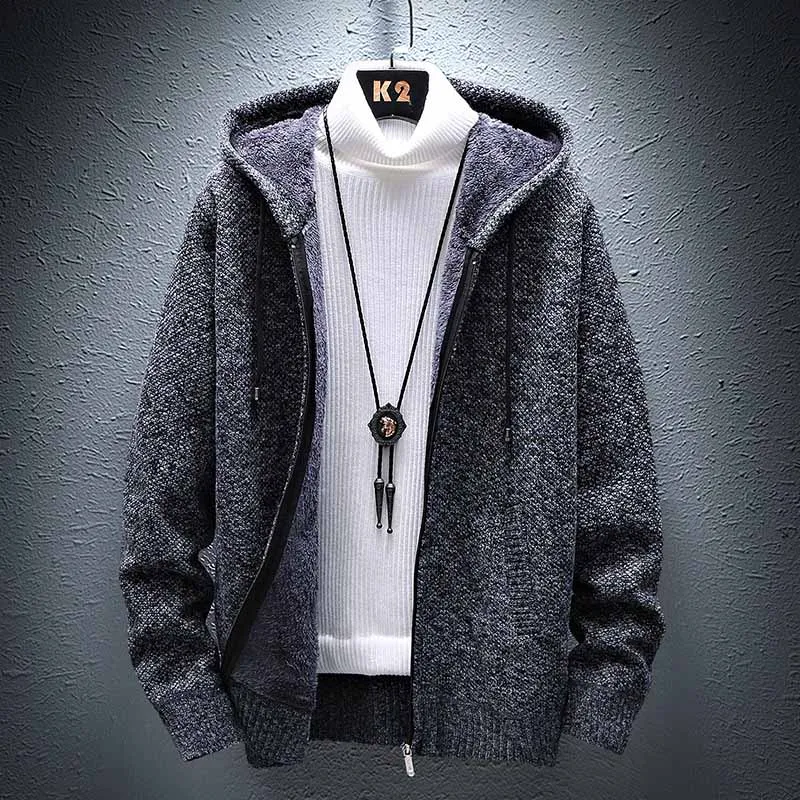 FALIZA Hooded Cardigan Knitted Sweater Mens Solid Color Thick Fleece Wool Casual Knitwear Male Clothing Sweaters for Men MXY117
