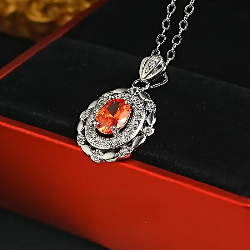 925 Silver Fanta Orange Elliptical Pendant with High Carbon Diamond Ice Flower Cutting, Middle Ancient Style, Elegant Female