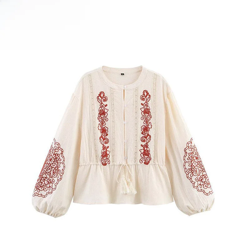 

Повседневная женская блузка с длинными рукавами-фонариками, вышивкой, свободного кроя, из полиэстера, модная, универсальная, декорированная