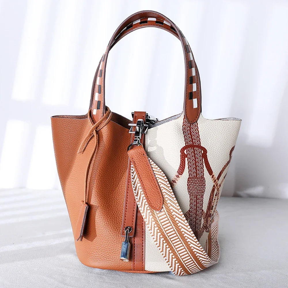 

Various Genuine Leather Luxury Bag Fashion Women's Handbag Vegetable Basket Style Portable Women Bucket Bag with Lock