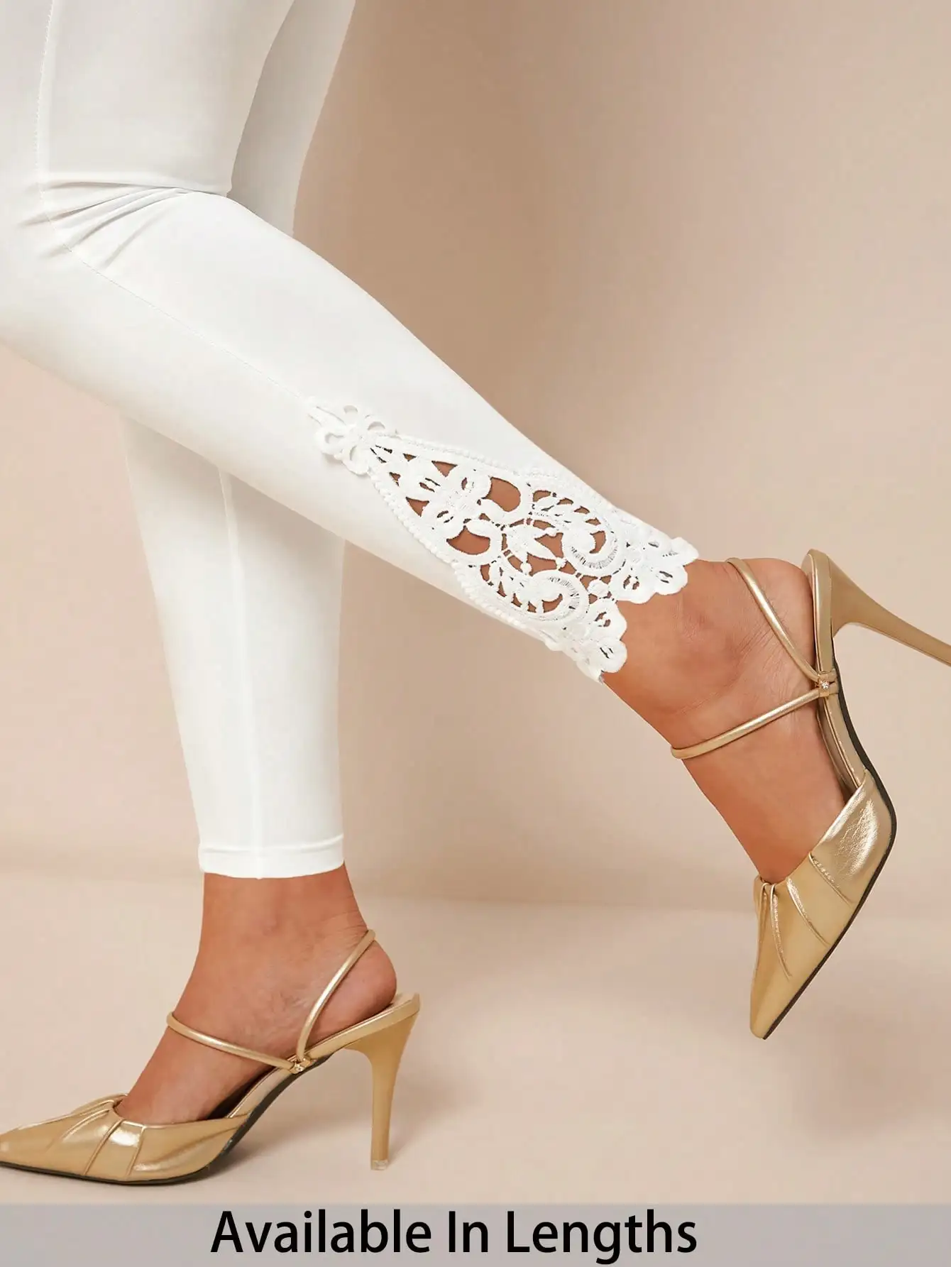 White High-Waisted Stretch Leggings with Floral Lace Trim, Plus Size