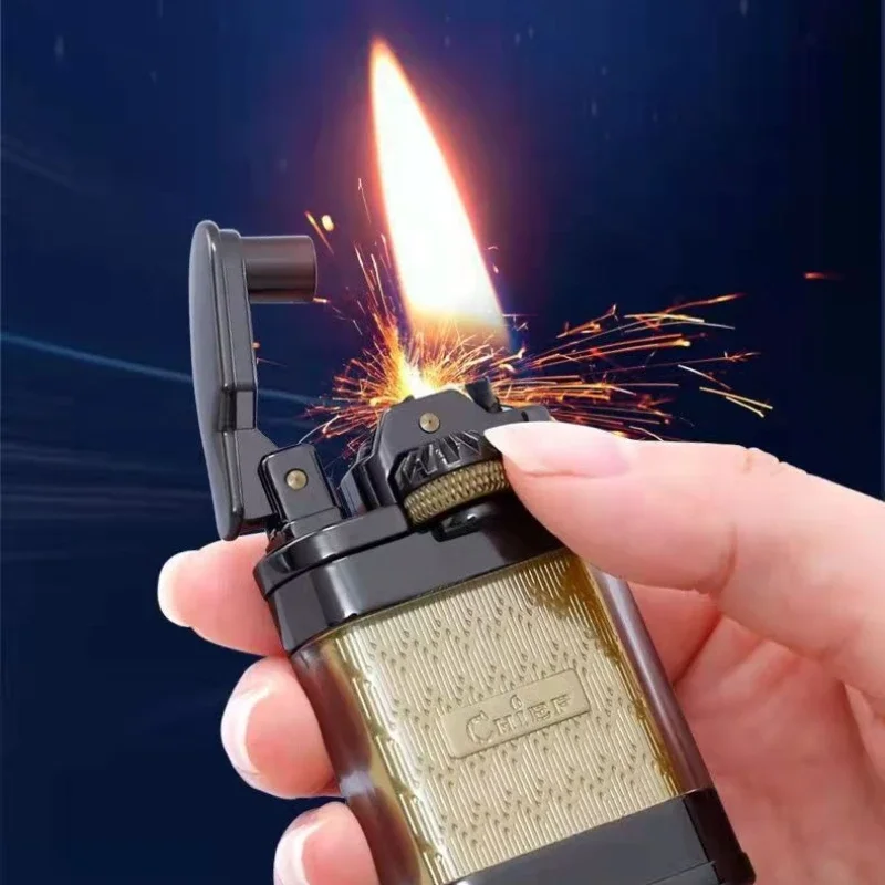 New CHIEF Transparent Oil Tank Kerosene Lighter Creative Gear Side-slip Ignition Old-fashioned Retro Metal Lighter Men\'s Gift