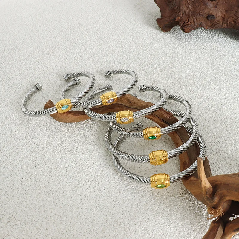 Cuff Bangle Cubic Zircon Stone  Stainless Steel Rhodium Plated Size Adjustable Cuff Bracelet Girl Fashion