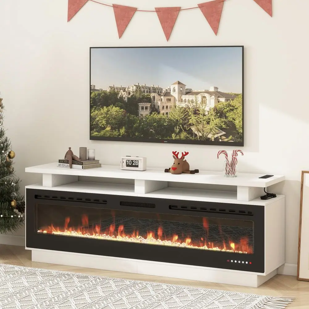 

TV Stand with 70 Smart Electric Fireplace, Wood Fireplace with Mantel, Modern Fire Place Cabinet with Socket for Living Room Fa