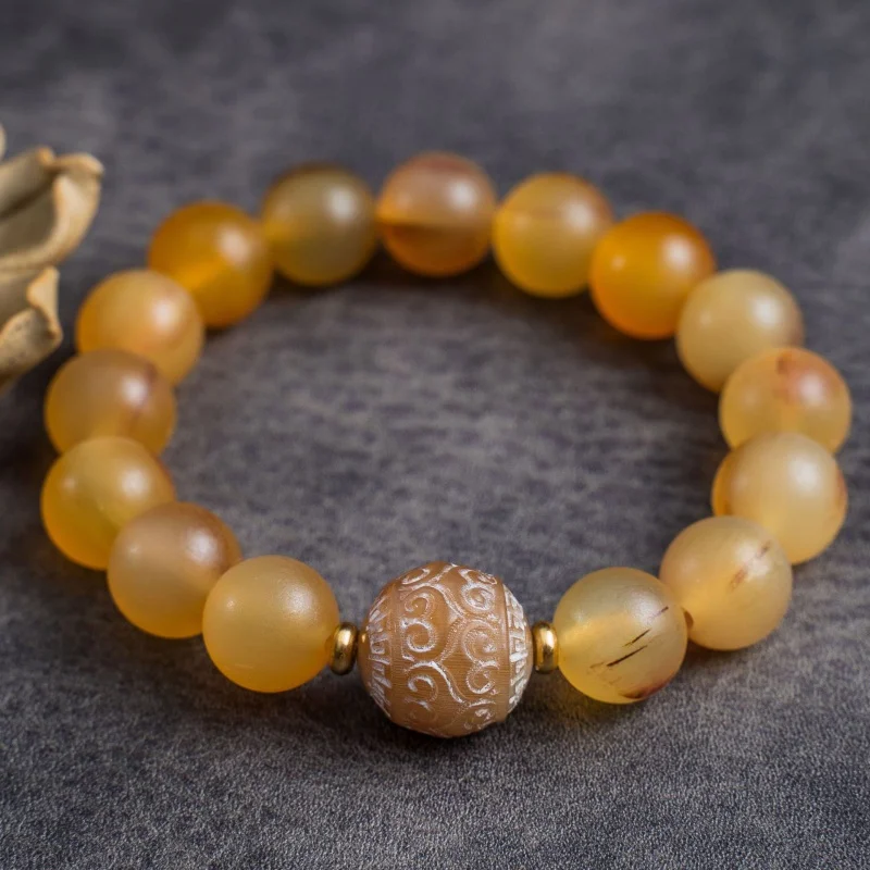 Horn 12mm Ethnic Style Four-Sided Buddha CraneBeeswaxFret Beads Bracelet