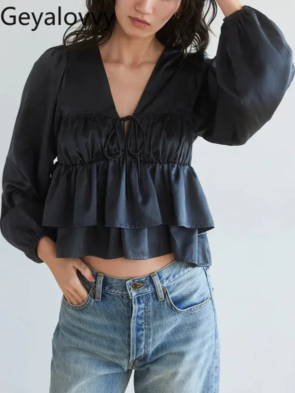 اليابانية 2025 صيف جديد رقيقة مريحة الخامس الرقبة قميص الفتيات الحلو تنوعا بلوزة بلون مطوي كشكش حافة الدانتيل متابعة #3