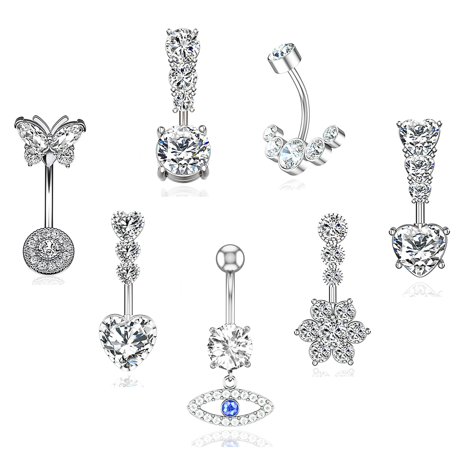 7pcs/lot Crystal Belly Button Rings Dangle Surgical Steel Bars 14G Piercing Ombligo Cute Heart Navel Rings Body Jewelry Women