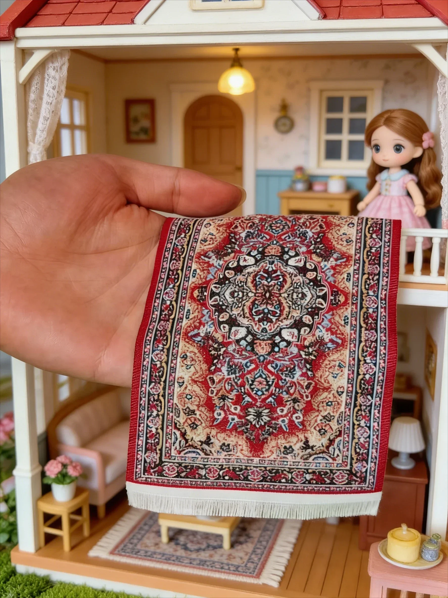 Mehrfarbiger Mini-Teppich mit Fransen-Design für Modellhaus-Dekoration – Erhältlich in verschiedenen Farben, perfekt für DIY-Projekte – Detail 4